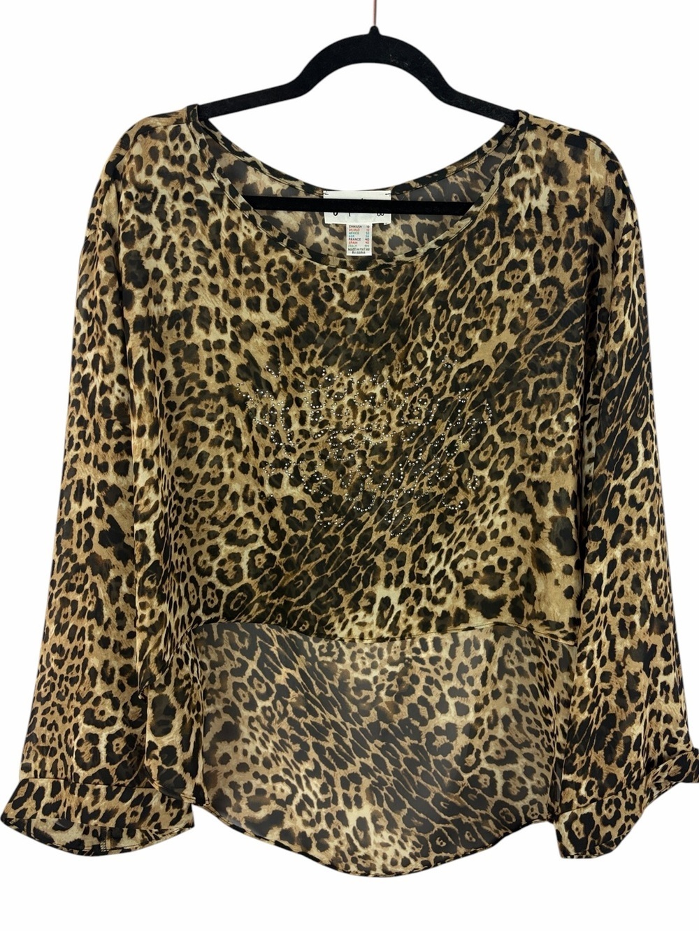 Joseph Ribkoff Leopard Print Rhinestone Blouse Size 10 Sheer High Low Hem Top